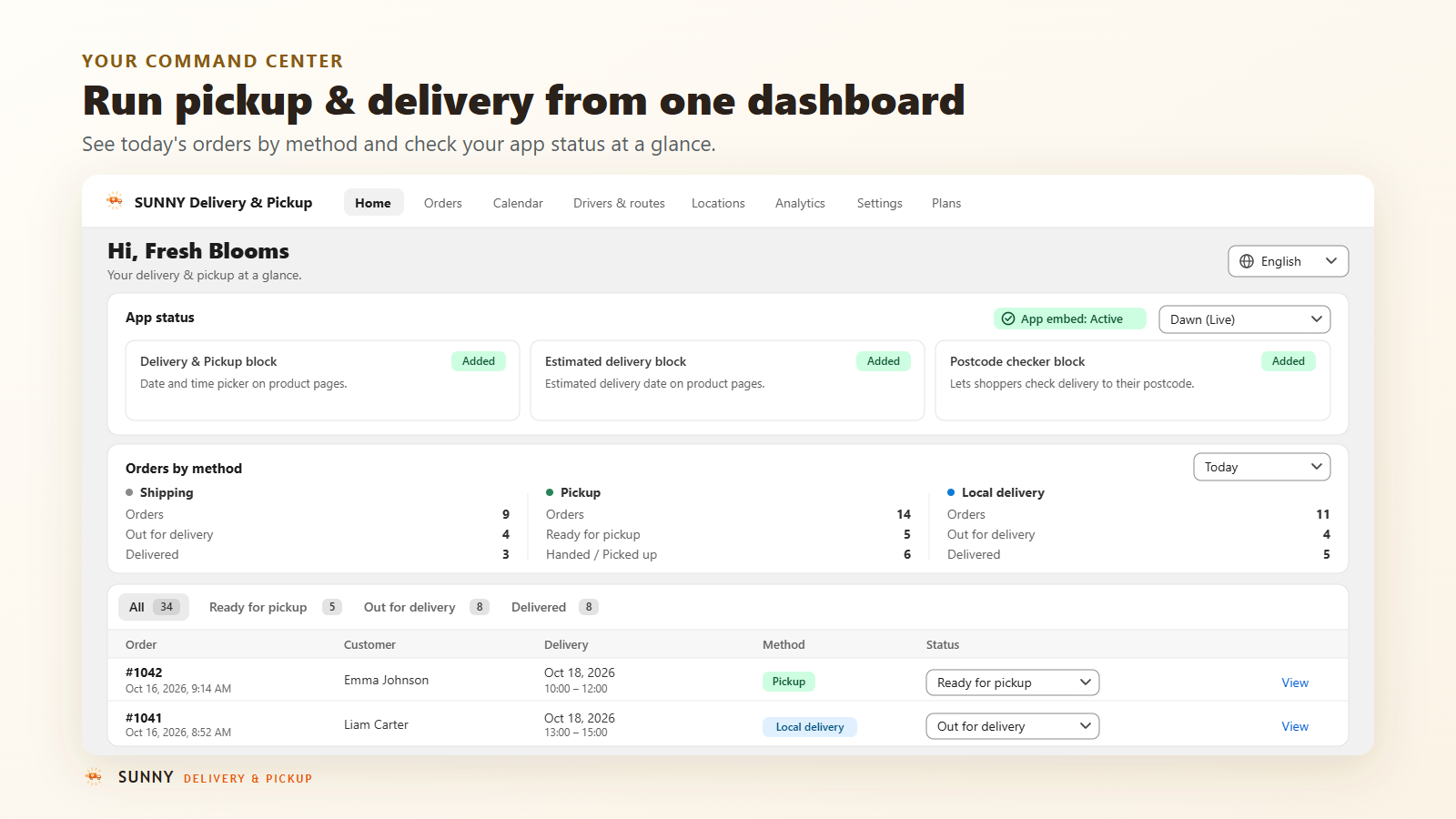 SUNNY Delivery home page with app status, orders by method and today's orders